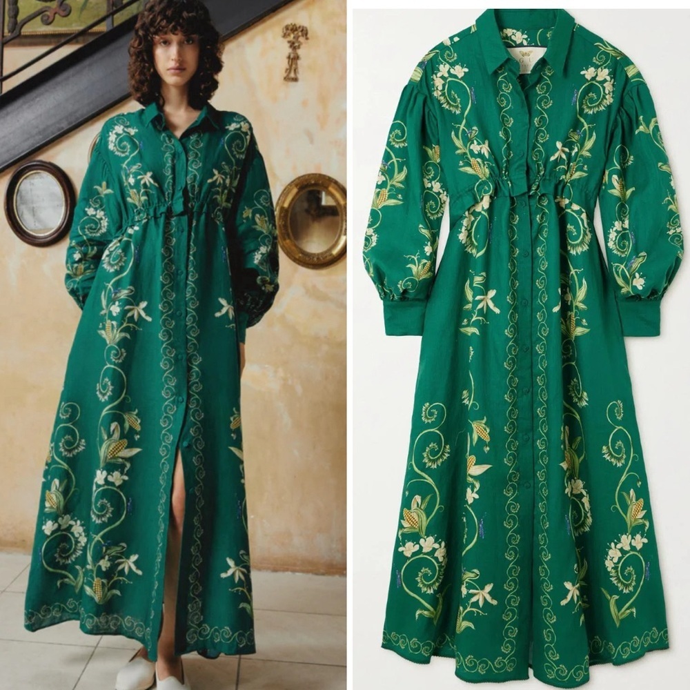Agua by Agua Bendita TAOS ESMERALDA PRINTED LINEN MAXI Shirtdress NWT